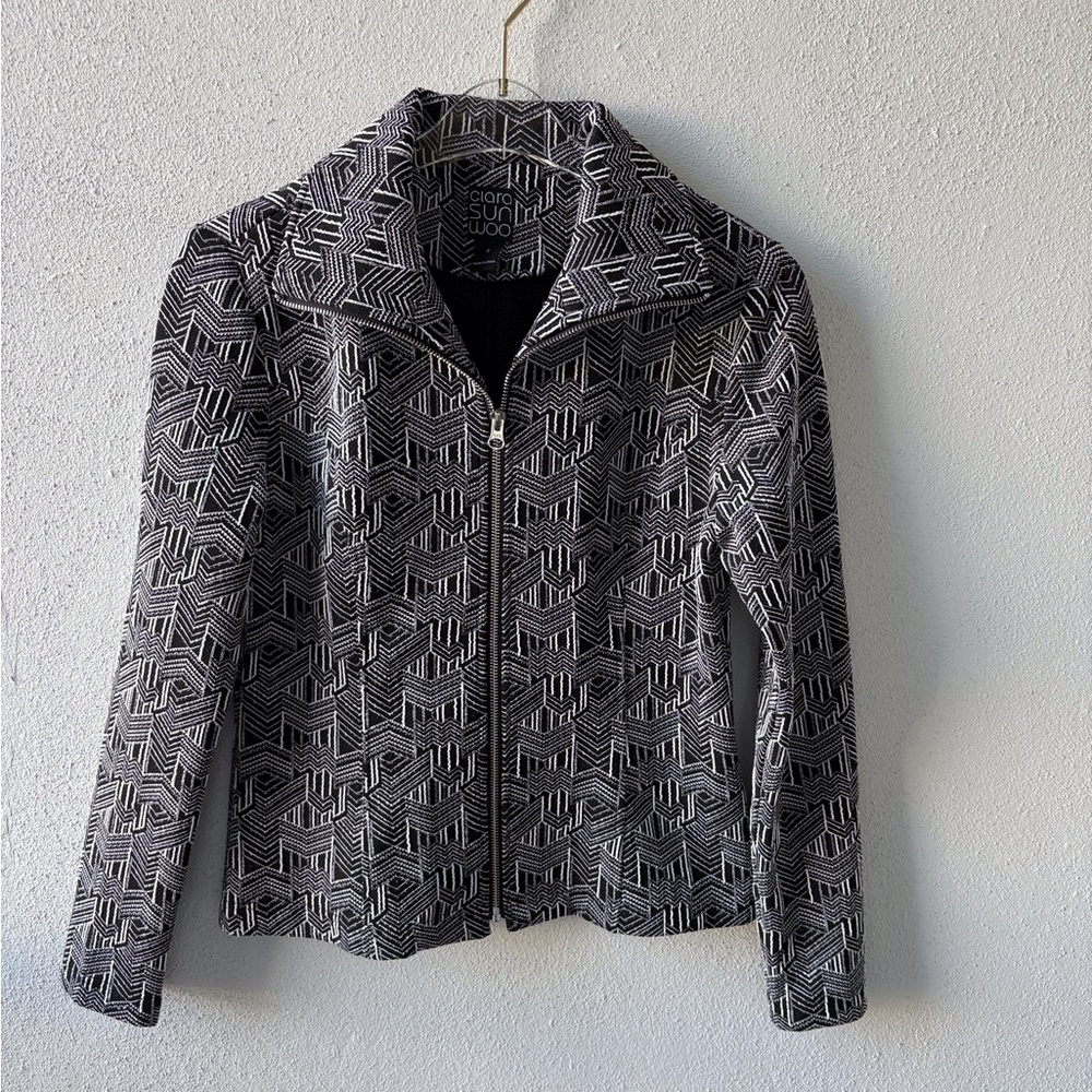 Clara‎ Sun Woo Black White Zip Up Collared Jacket Small Jacquard Geometric Print
